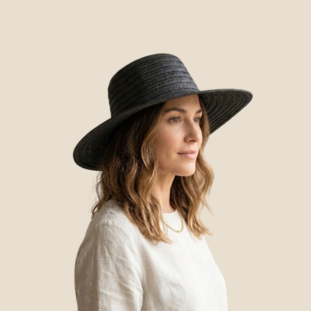 Roots Black Wide Brim Woven Sun Hat One Size Paper Straw Boho Summer Beach